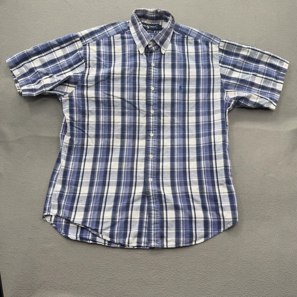 Ralph Lauren Shirt Mens Large Blue White Plaid Blaire Button Down Short Sleeve